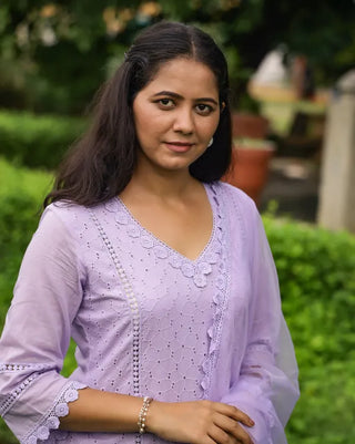 Lavender Cotton Minimal Thread Embroidered Suit Set with Organza Dupatta