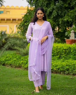 Lavender Cotton Minimal Thread Embroidered Suit Set with Organza Dupatta