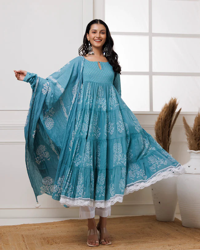 Light Blue Hand Block Printed Anarkali Set With Dupatta Light Blue Hand Block Printed Anarkali Set With Dupatta