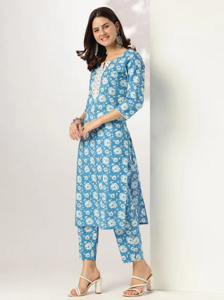 Blue Pure Cotton Floral Print Straight Shape Kurta Bottom Set