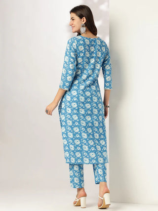 Blue Pure Cotton Floral Print Straight Shape Kurta Bottom Set