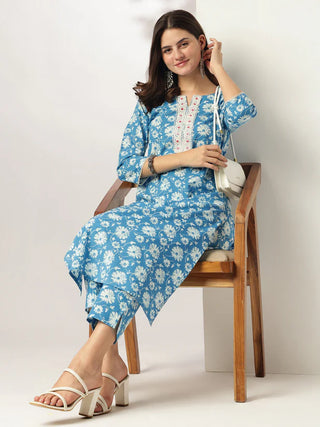 Blue Pure Cotton Floral Print Straight Shape Kurta Bottom Set
