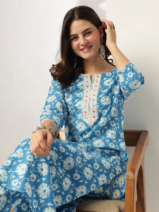 Blue Pure Cotton Floral Print Straight Shape Kurta Bottom Set