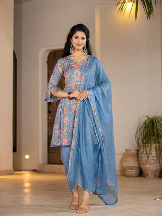 Blue Cotton Floral Print & Embroidered A Line Angrakha Kurta Dhoti Set with Voile Dupatta