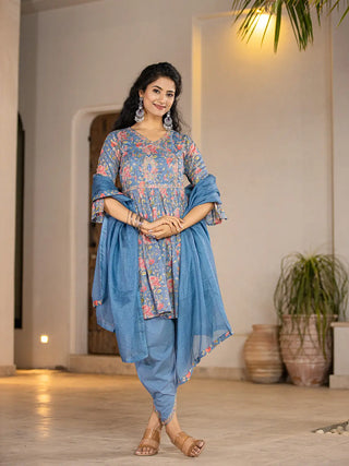 Blue Cotton Floral Print & Embroidered A Line Angrakha Kurta Dhoti Set with Voile Dupatta