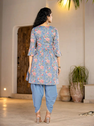 Blue Cotton Floral Print & Embroidered A Line Angrakha Kurta Dhoti Set with Voile Dupatta