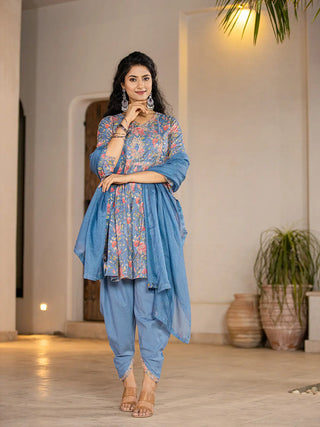 Blue Cotton Floral Print & Embroidered A Line Angrakha Kurta Dhoti Set with Voile Dupatta