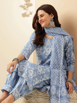 Light Blue Viscose Printed & Embroidered Straight Shape Suit Set with Chanderi Cotton Dupatta