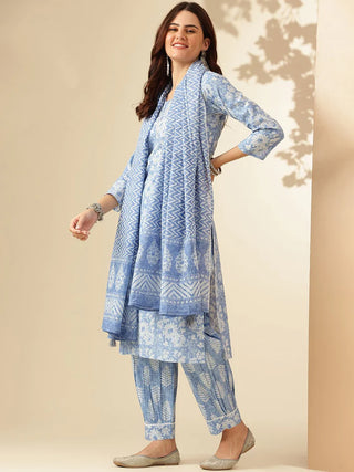 Light Blue Viscose Printed & Embroidered Straight Shape Suit Set with Chanderi Cotton Dupatta