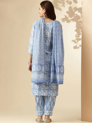 Light Blue Viscose Printed & Embroidered Straight Shape Suit Set with Chanderi Cotton Dupatta