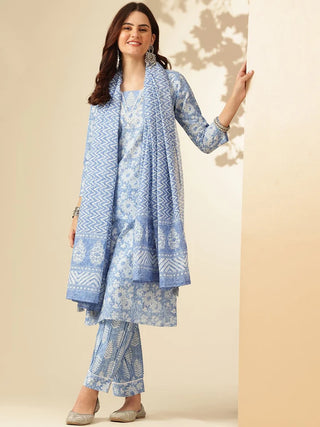 Light Blue Viscose Printed & Embroidered Straight Shape Suit Set with Chanderi Cotton Dupatta