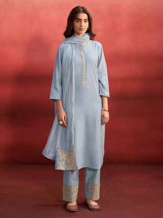 Light Blue Silk Blend Embroidered Suit Set with Nylon Dupatta