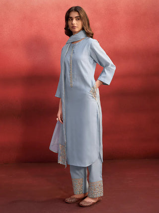 Light Blue Silk Blend Embroidered Suit Set with Nylon Dupatta