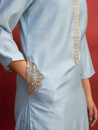 Light Blue Silk Blend Embroidered Suit Set with Nylon Dupatta