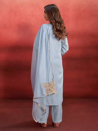 Light Blue Silk Blend Embroidered Suit Set with Nylon Dupatta