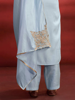 Light Blue Silk Blend Embroidered Suit Set with Nylon Dupatta