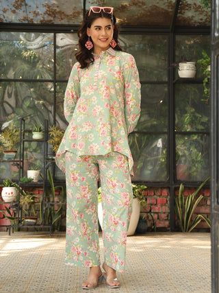 Green Pure Cotton Shirt Collar Floral Print Co-Ord Set