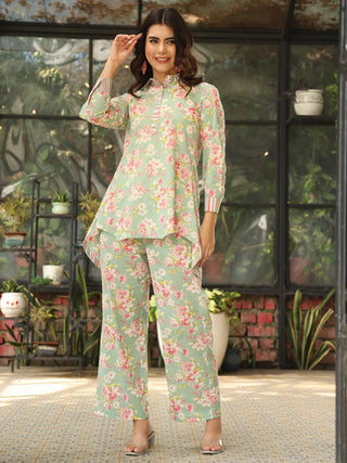 Green Pure Cotton Shirt Collar Floral Print Co-Ord Set