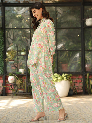 Green Pure Cotton Shirt Collar Floral Print Co-Ord Set