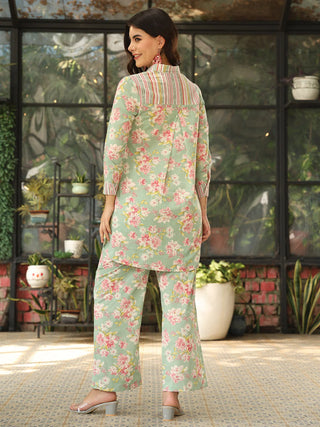 Green Pure Cotton Shirt Collar Floral Print Co-Ord Set