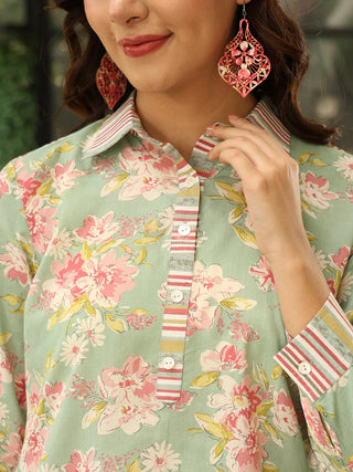 Green Pure Cotton Shirt Collar Floral Print Co-Ord Set