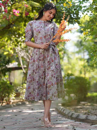 Light Grey Cotton Floral Print A-Line Dress Light Grey Cotton Floral Print A-Line Dress