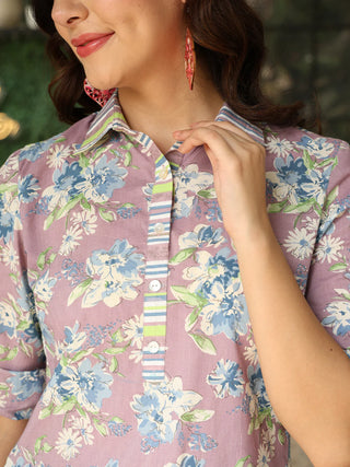 Lavender Pure Cotton Floral Printed Co-Ord Set