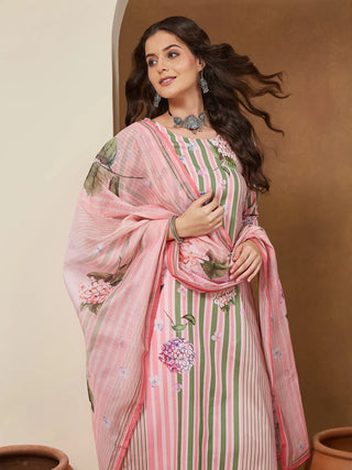 Light Pink Cotton Blend Geometric Print Suit Set with Chanderi Blend Dupatta