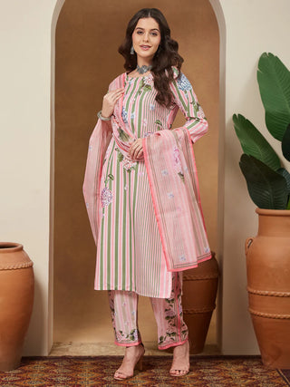 Light Pink Cotton Blend Geometric Print Suit Set with Chanderi Blend Dupatta