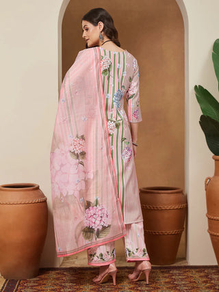 Light Pink Cotton Blend Geometric Print Suit Set with Chanderi Blend Dupatta