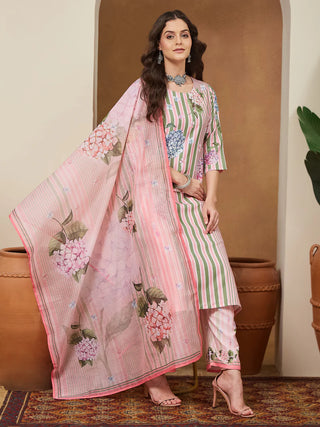 Light Pink Cotton Blend Geometric Print Suit Set with Chanderi Blend Dupatta
