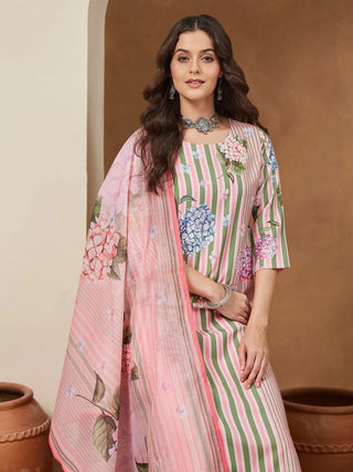Light Pink Cotton Blend Geometric Print Suit Set with Chanderi Blend Dupatta
