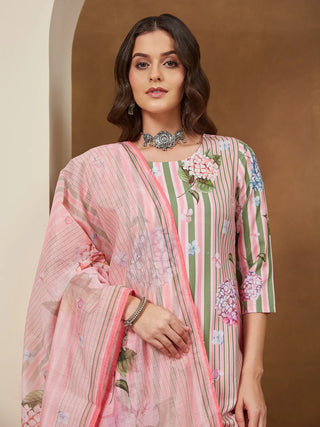 Light Pink Cotton Blend Geometric Print Suit Set with Chanderi Blend Dupatta