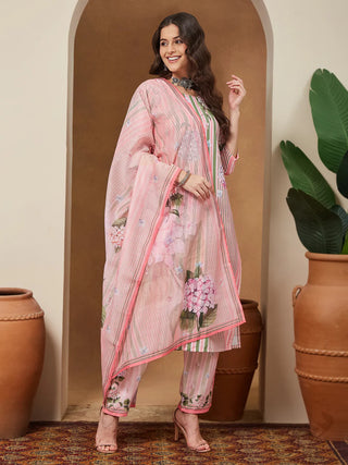 Light Pink Cotton Blend Geometric Print Suit Set with Chanderi Blend Dupatta