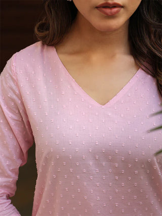 Light Pink Pure Cotton Dobby Print A-Line Co-Ord Set