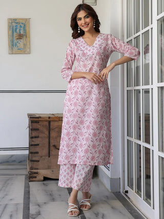 Pink Cotton Floral Print Kurta Bottom Set