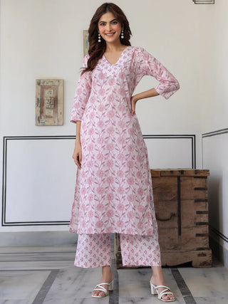 Pink Cotton Floral Print Kurta Bottom Set