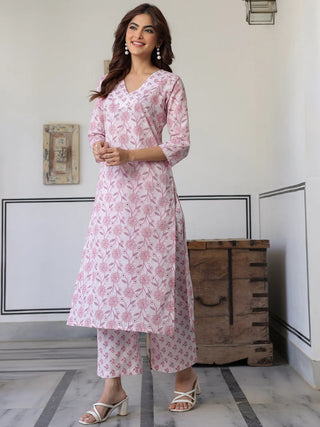 Pink Cotton Floral Print Kurta Bottom Set