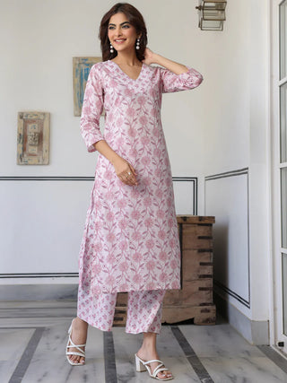 Pink Cotton Floral Print Kurta Bottom Set