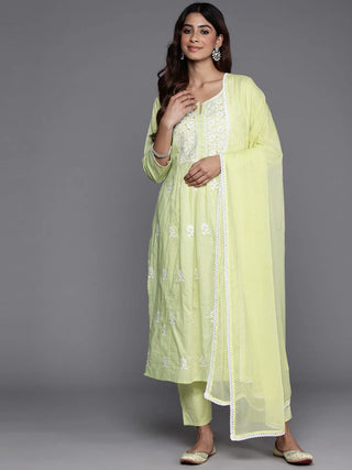 Lime Green Cotton Floral Embroidered Suit Set with Dupatta