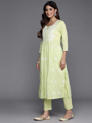 Lime Green Cotton Floral Embroidered Suit Set with Dupatta