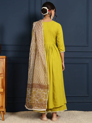 Lime Green Viscose Rayon Embroidered Suit Set with Printed Dupatta