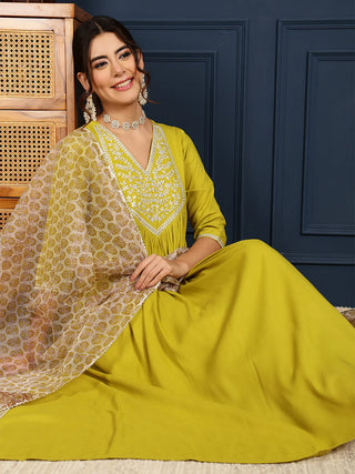 Lime Green Viscose Rayon Embroidered Suit Set with Printed Dupatta