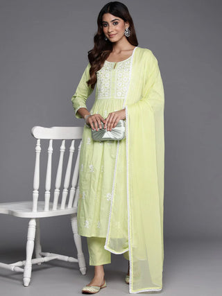 Lime Green Cotton Floral Embroidered Suit Set with Dupatta