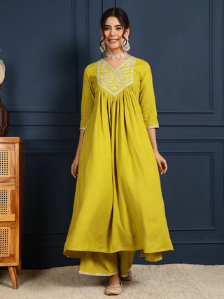 Lime Green Viscose Rayon Embroidered Suit Set with Printed Dupatta