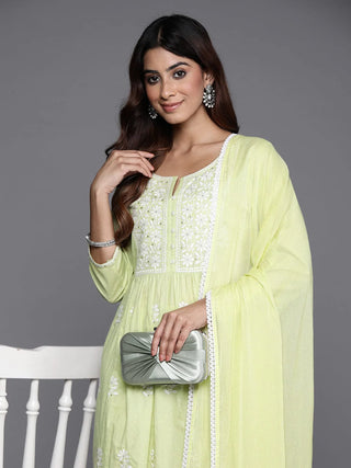 Lime Green Cotton Floral Embroidered Suit Set with Dupatta