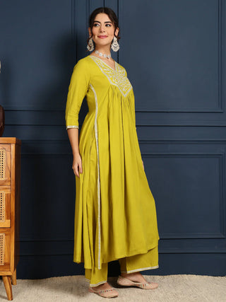 Lime Green Viscose Rayon Embroidered Suit Set with Printed Dupatta