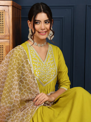 Lime Green Viscose Rayon Embroidered Suit Set with Printed Dupatta