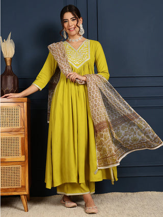 Lime Green Viscose Rayon Embroidered Suit Set with Printed Dupatta