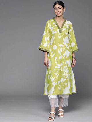 Lime Green Cotton Printed Kurta With Sequins Detailing